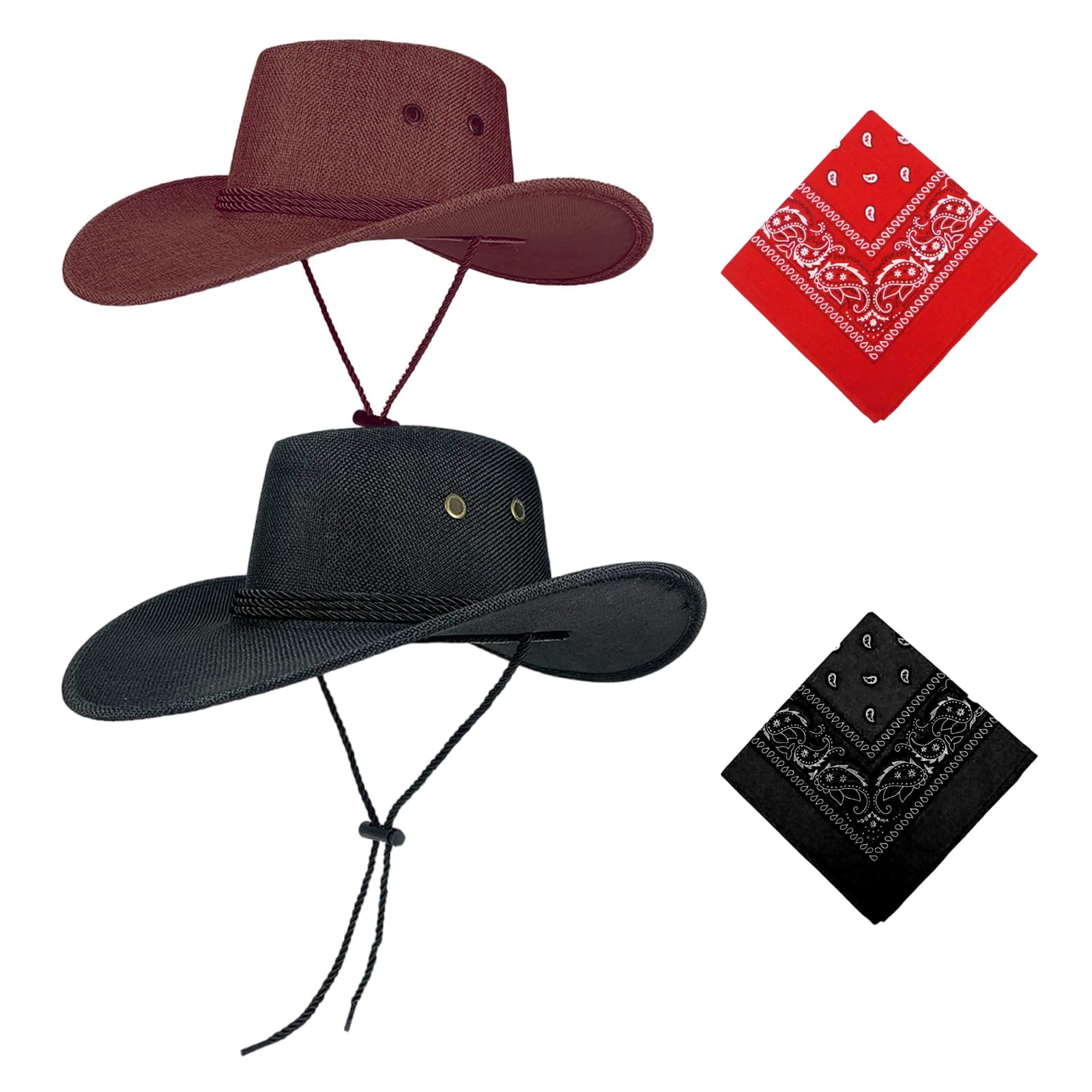 Rthynti Hats Pack of 2 Unisex Felt Western Hats & Bandanas, Texas Texan Costume Accessories, Cowboy Hat and Bandana, Cowboy Accessory Set for West Fancy Dress Party, Halloween Party