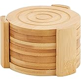 Juvale Coasters Set of 6-4.3-Inch Round Light Brown Bamboo Wood with Holder - Wooden Drink Coasters for Coffee Table Decor & Home Decor