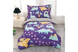 Wowelife Dinosaur Toddler Bedding Set for Boys, Premium 4 Piece Toddler Comforter Set Purple with Flat Sheet, Fitted Sheet, Comforter and Pillowcase