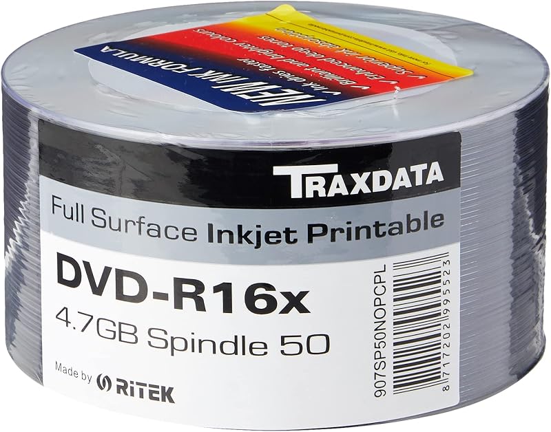 Traxdata Ritek 50pk White Printable DVD-R 16x Inkjet Full Face Disc Cakebox