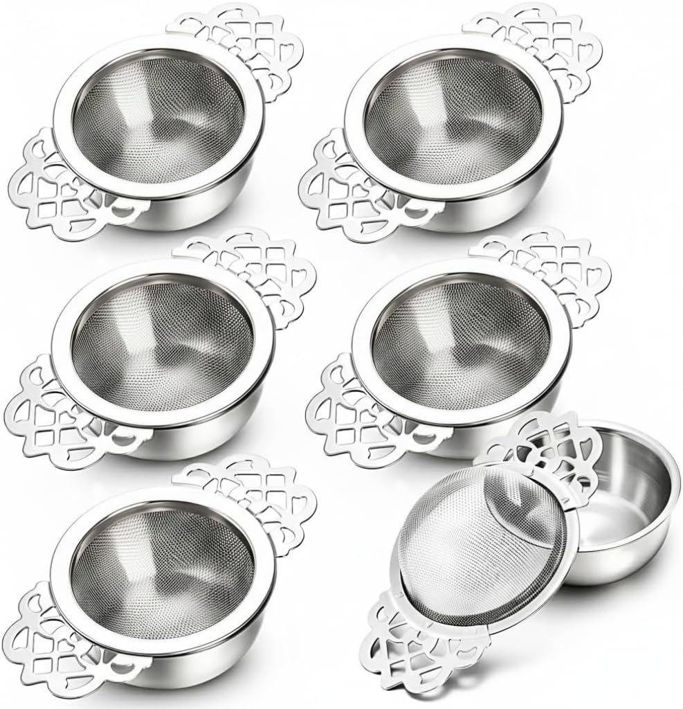 Mezchi 6 Pack Mesh Tea Strainers with Bowl, Stainless Metal Tea Filter Tea Infuser, Tea Steeper with Handle and Drip Bowl for Loose Tea, Sliver, 2.5”/6.5cm