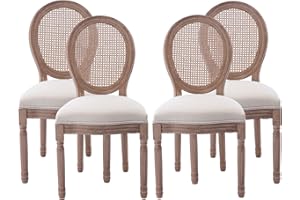 Nrizc French Country Dining Chairs Set of 4, Farmhouse Fabric Chairs with Round Back, Rattan Dining Chair, Oval Side Chairs for Dining Room/Living Room/Kitchen/Restaurant