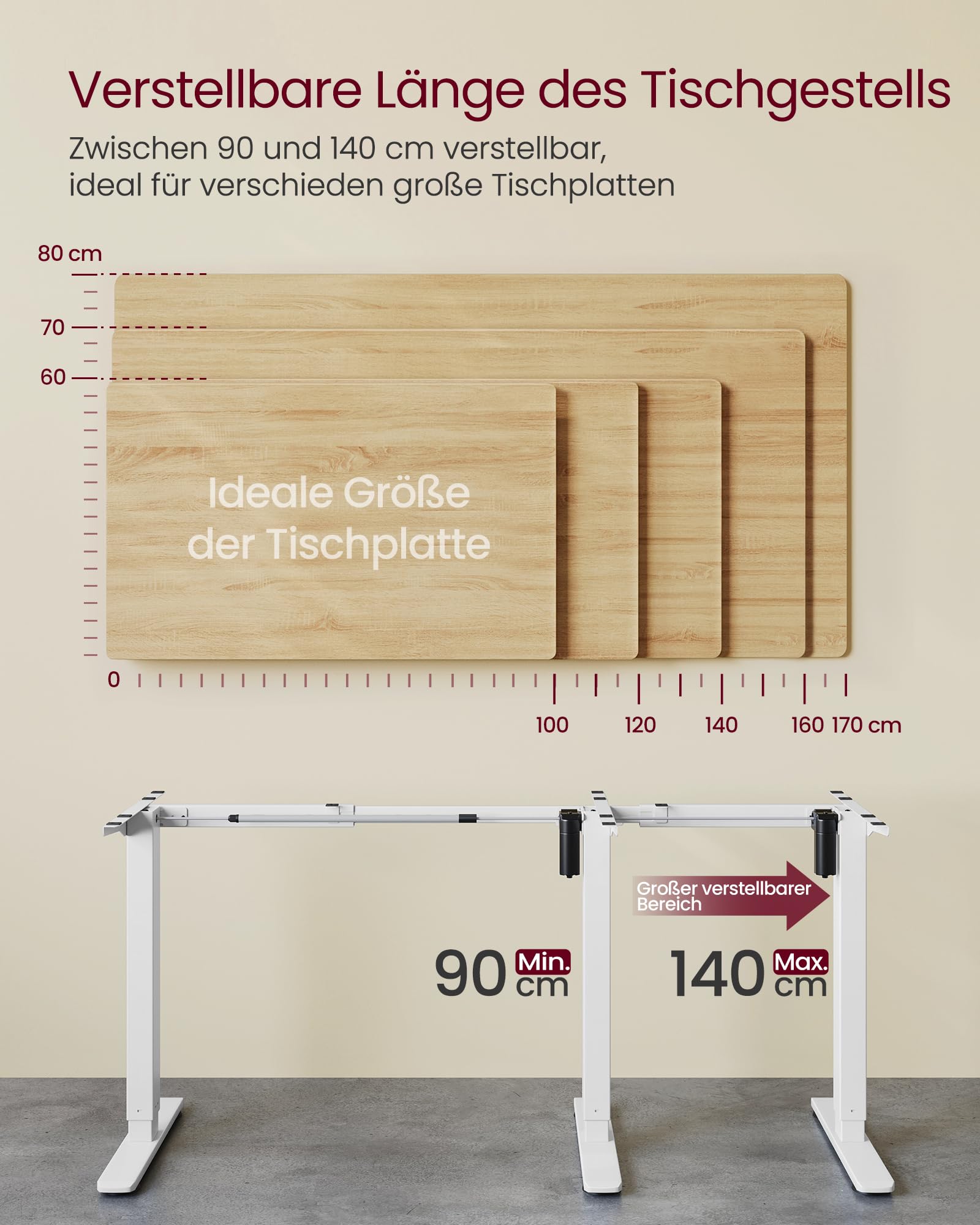 VASAGLE Höhenverstellbarer Schreibtisch elektrisch, Tischgestell, Schreibtischständer, ohne Tischplatte, mit 2 Haken, Memory-Funktion mit 3 Höhen, Stahl, mattweiß LSD021W01V2 2