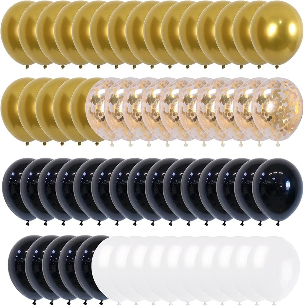 Yukiyi 60Pcs Gold Black White Balloons Set 12in for Party Wedding Confetti