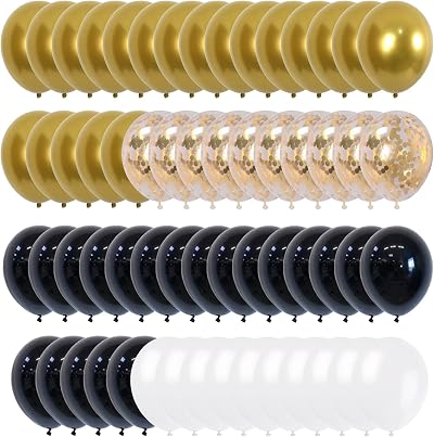 Yukiyi 60Pcs Gold Black White Balloons Set 12in for Party Wedding Confetti