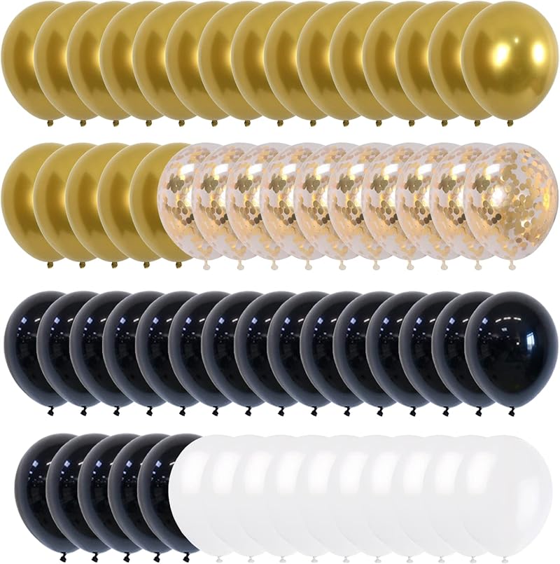 Yukiyi 60Pcs Gold Black White Balloons Set 12in for Party Wedding Confetti