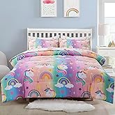 Btargot 5Pcs Pink Purple Gradient Unicorn Bedding Set for Girls Kids, Twin Size Colorful Glitter Rainbow Love Hearts Star Comforter Set, Bed in a Bag with Comforter, Sheets and Pillowcases