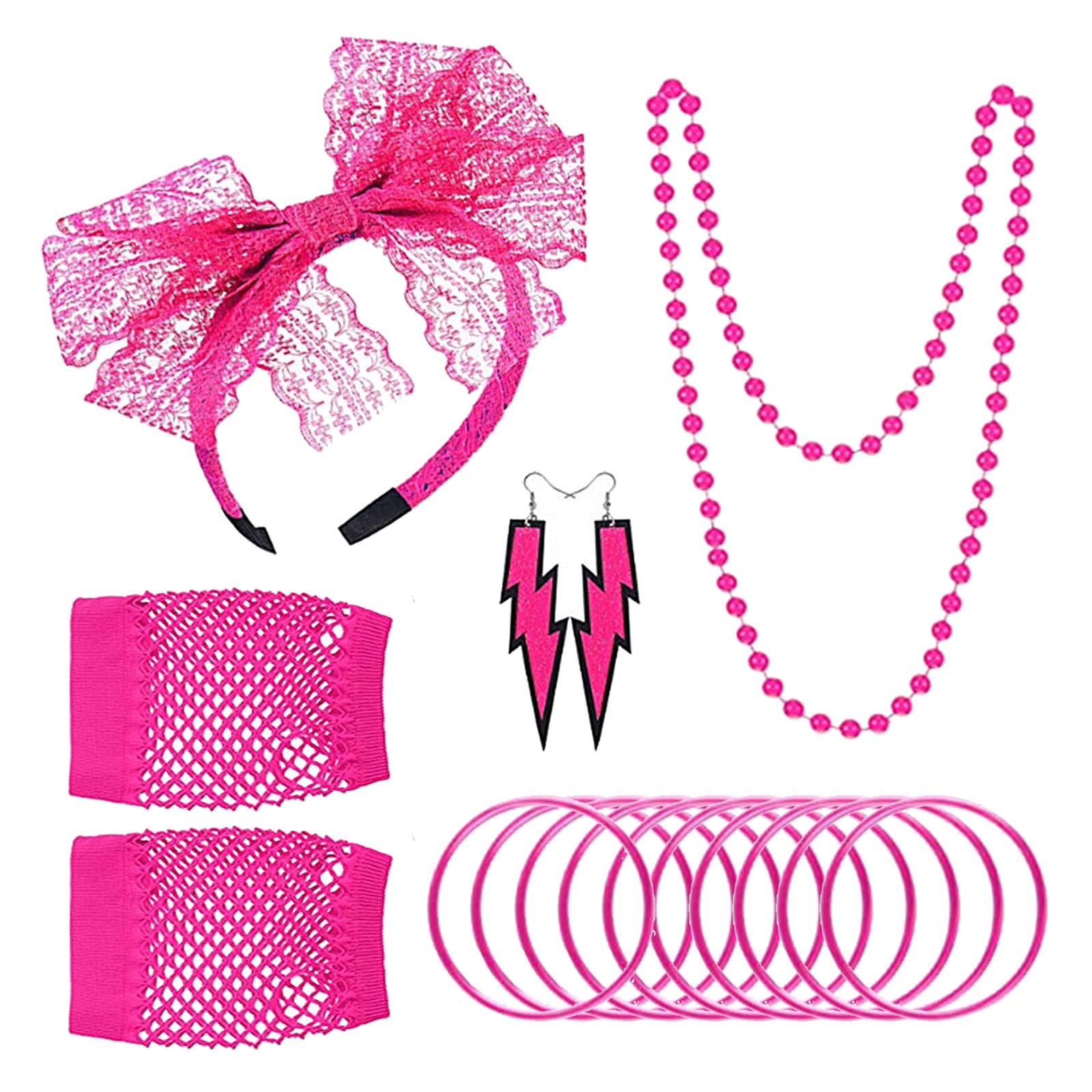 NITAIUN 80s Retro Party Set Pink Lace Headband Earrings Necklace Fishnet Gloves Bracelet Ideal for Festivals Raves Fancy Dress Parties 80s Fancy Dress Costume Accessories Great Gift (Pink)