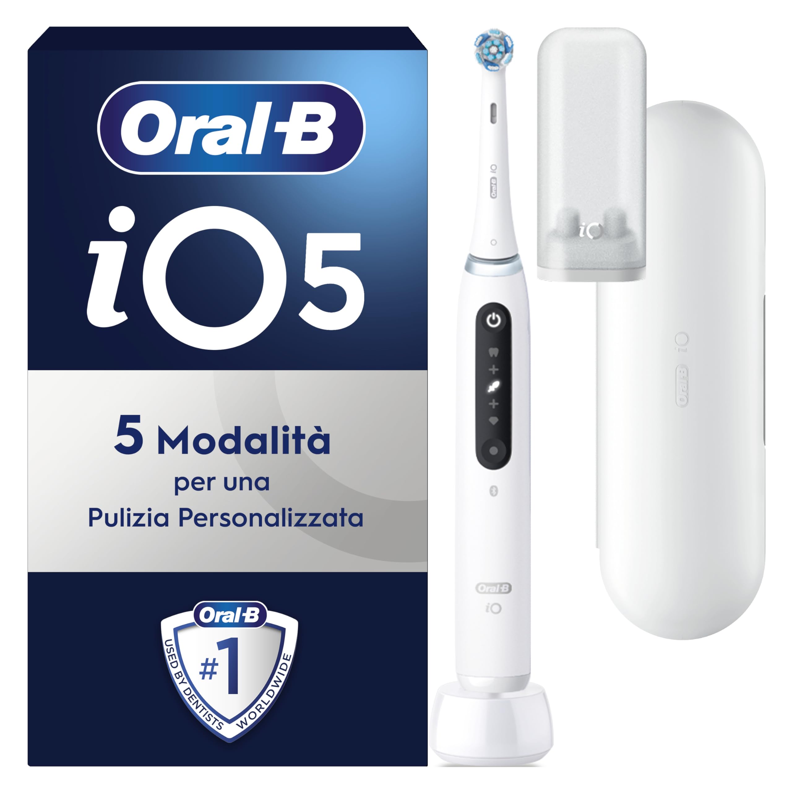 Oral-B Spazzolino Elettrico Ricaricabile iO 5N, Sensore di Pressione, 5 Modalità di Spazzolamento, 1 Spazzolino Elettrico Oral B, 1 Testina, Custodia da Viaggio, Bianco, Idea Regalo