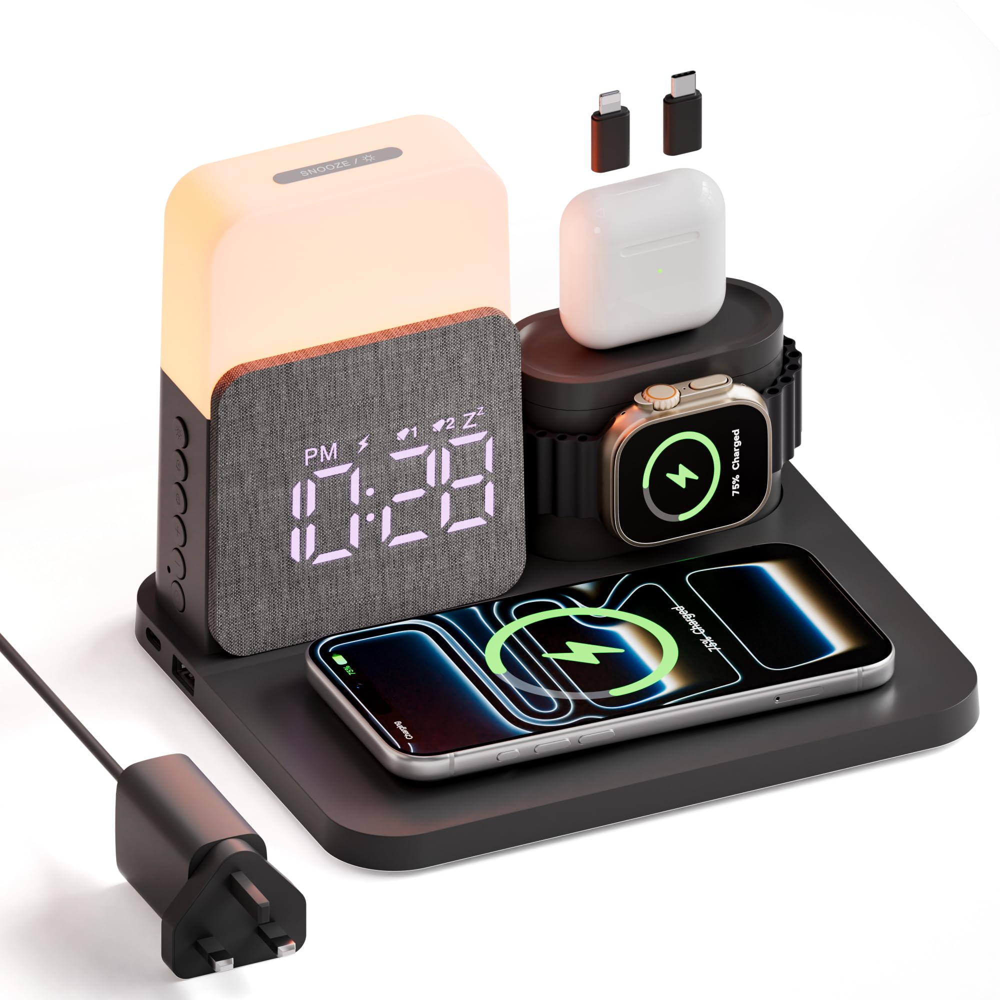 COLSUR 6 in 1 Wireless Charging Station, Magnetic 25W Wireless Charger with Alarm Clock, Night Light, Wireless Charger Stand for iPhone 17 16 15 14 13 12 11 X Pro Max, Apple Watch, AirPods