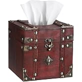 Sumnacon Tissue Box Retro Wood Square Tissue Box Cover Vintage Cube Tissue Box Holder,Decorative Tissue Holder for Bedroom Bathroom Toilet Table Desk Car Store Office Home,Red