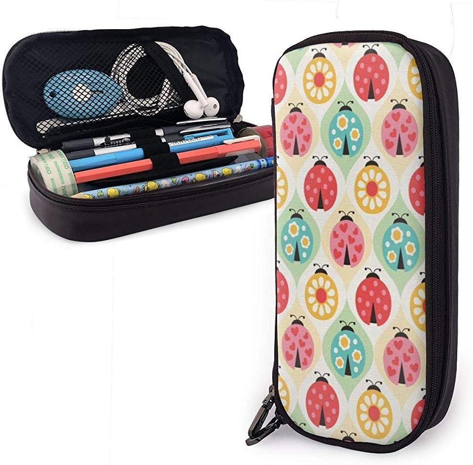Ladybugs Cartoon Pattern Cute Pen Pencil Case Leather Double Zippers Pencil Pouch Bag