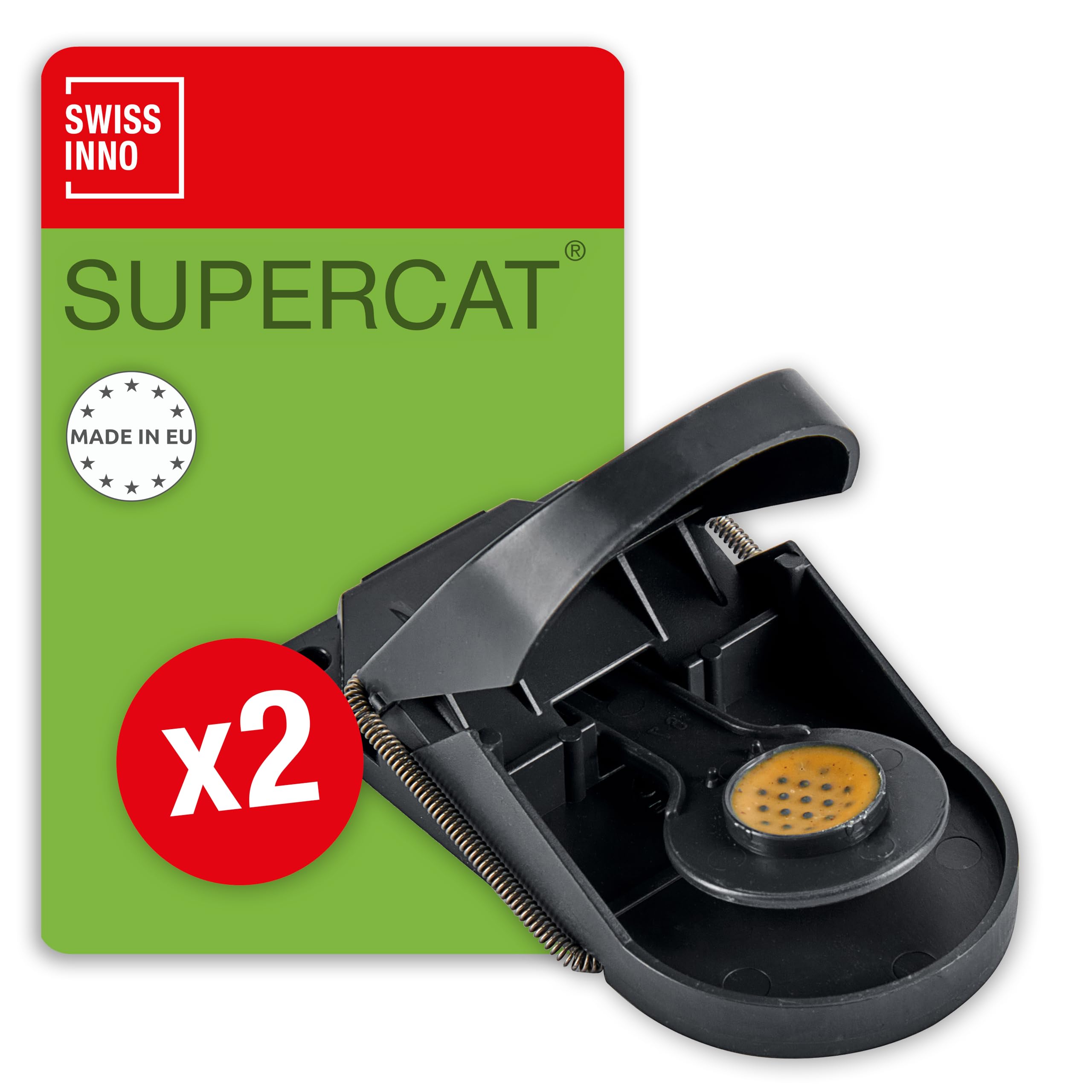 SWISSINNO Mouse Trap SuperCat - Indoor/Outdoor Use - Patented Solution - Efficient + Reusable mousetrap with peanut butter bait - Instant catch and kill - 2 Traps