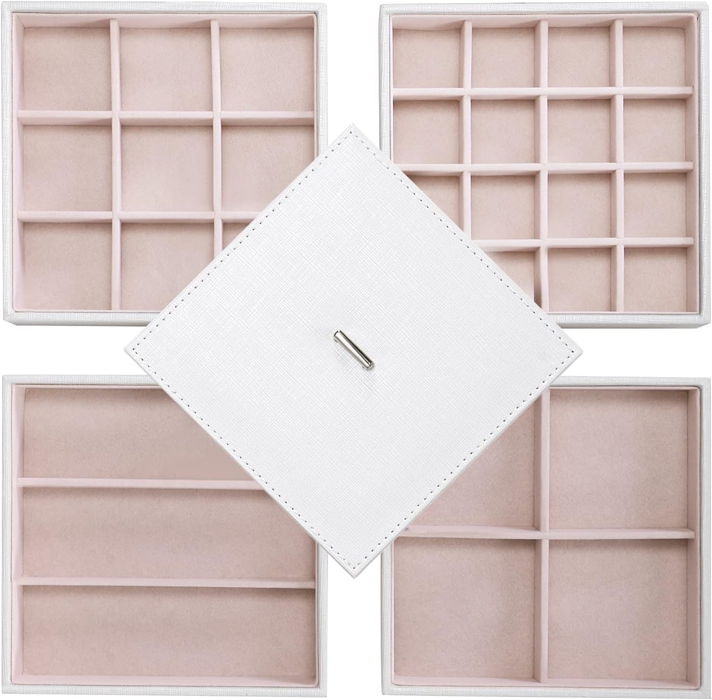 Photo 1 of ** missing 1** BEWISHOME Jewelry Organizer Trays Stackable Earring Storage Trays with Lid for Dresser and Drawer 32 Slots for Rings, Earrings, Necklaces, Bracelets and Watches Set of 4 White SSH81W