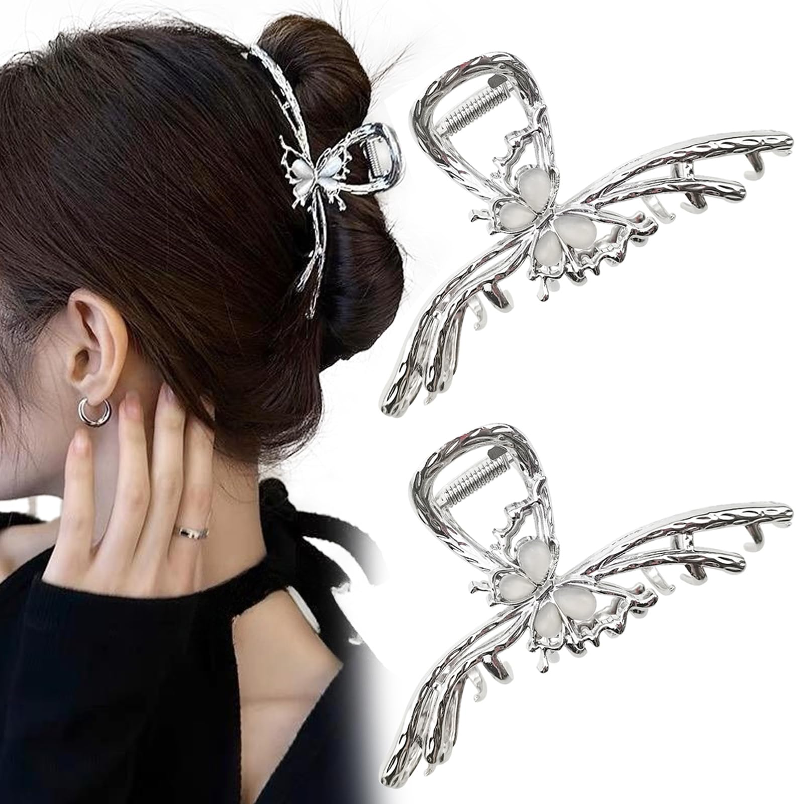 2 PACK Large Metal Cat's Eye Stone Butterfly Hair Claw Clips French Silver Exquisite Design Large Hair Claw Strong Neutral Luxury Hair Accessories for Women and Girls