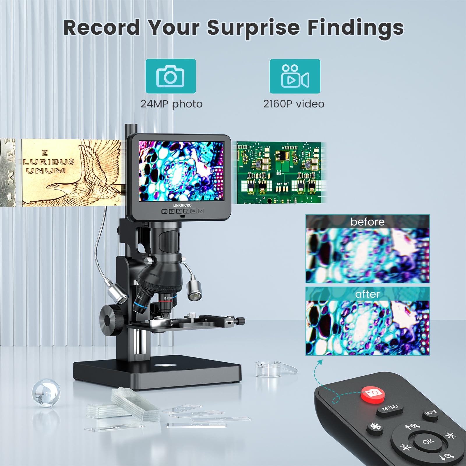 LINKMICRO LM266S 5 Lens HDMI Digital Microscope 5000X for Adults, Lab Biological Microscope with Screen for Slides, Mechanical X-Y Stage, UHD 2160P Video, 7