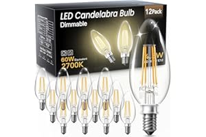 TJOY LED Candelabra Bulbs Dimmable, 60W Equivalent Chandelier Light Bulb, E12 Small Base, 4.5W 2700K Soft Warm White, B11 Vintage Filament Clear Glass Candle Light for Ceiling Fan Chandeliers, 12Pack