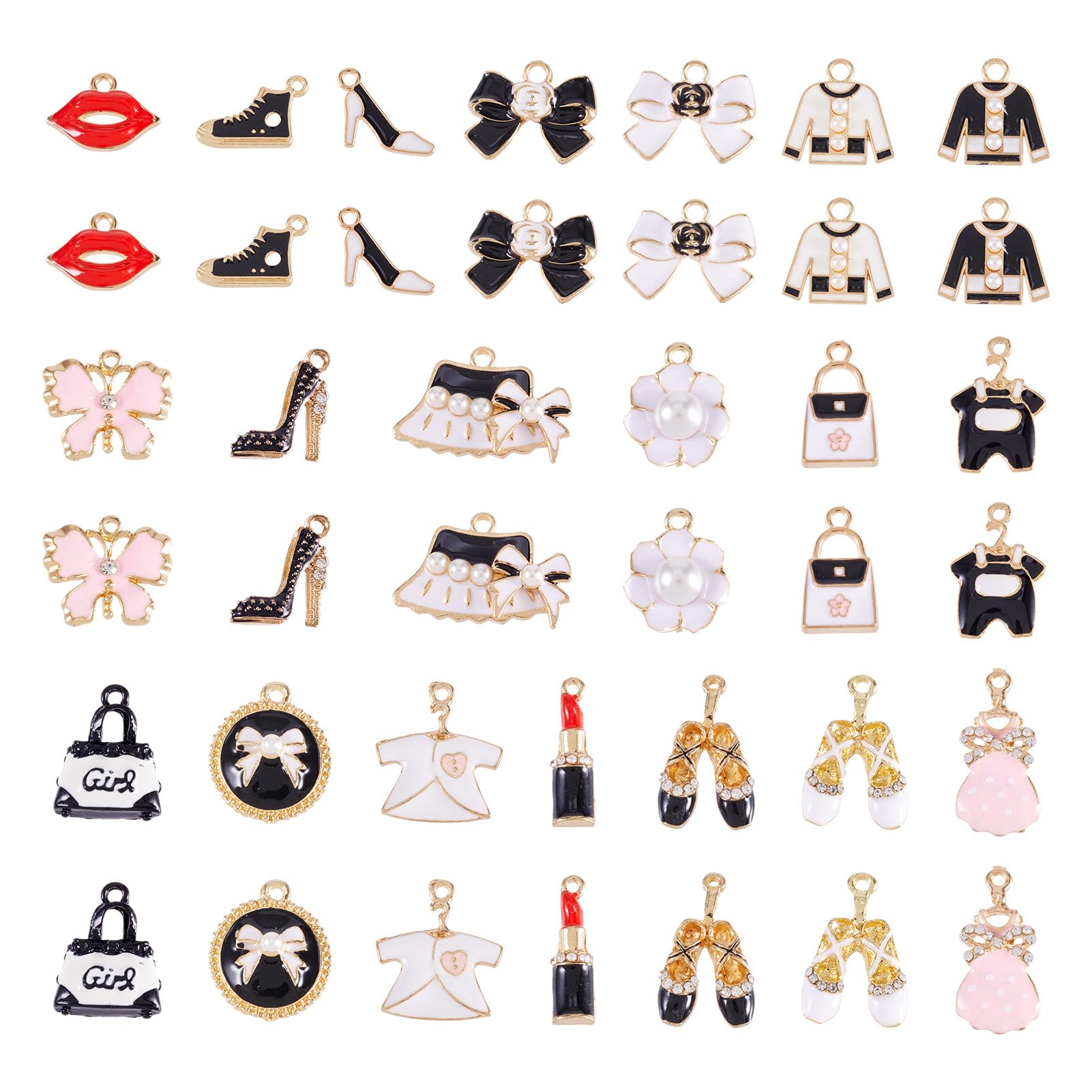 PandaHall 40pcs Gold Plated Enamel Pendant Women Make Up Lip Lipstick High Heels Bow Handbag Charms for Jewelry Crafts Making