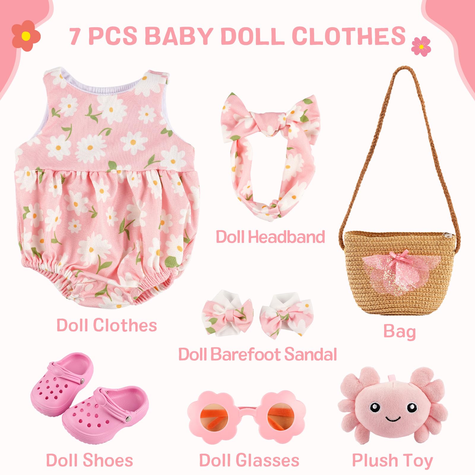 BABESIDE 16-20 Inch Reborn Baby Doll Clothes Set with 16 Inch Doll Shoes for Reborn Dolls, Summer Floral Babydoll Clothes with Bag Headband for Realistic Baby Dolls Accessories, Pink