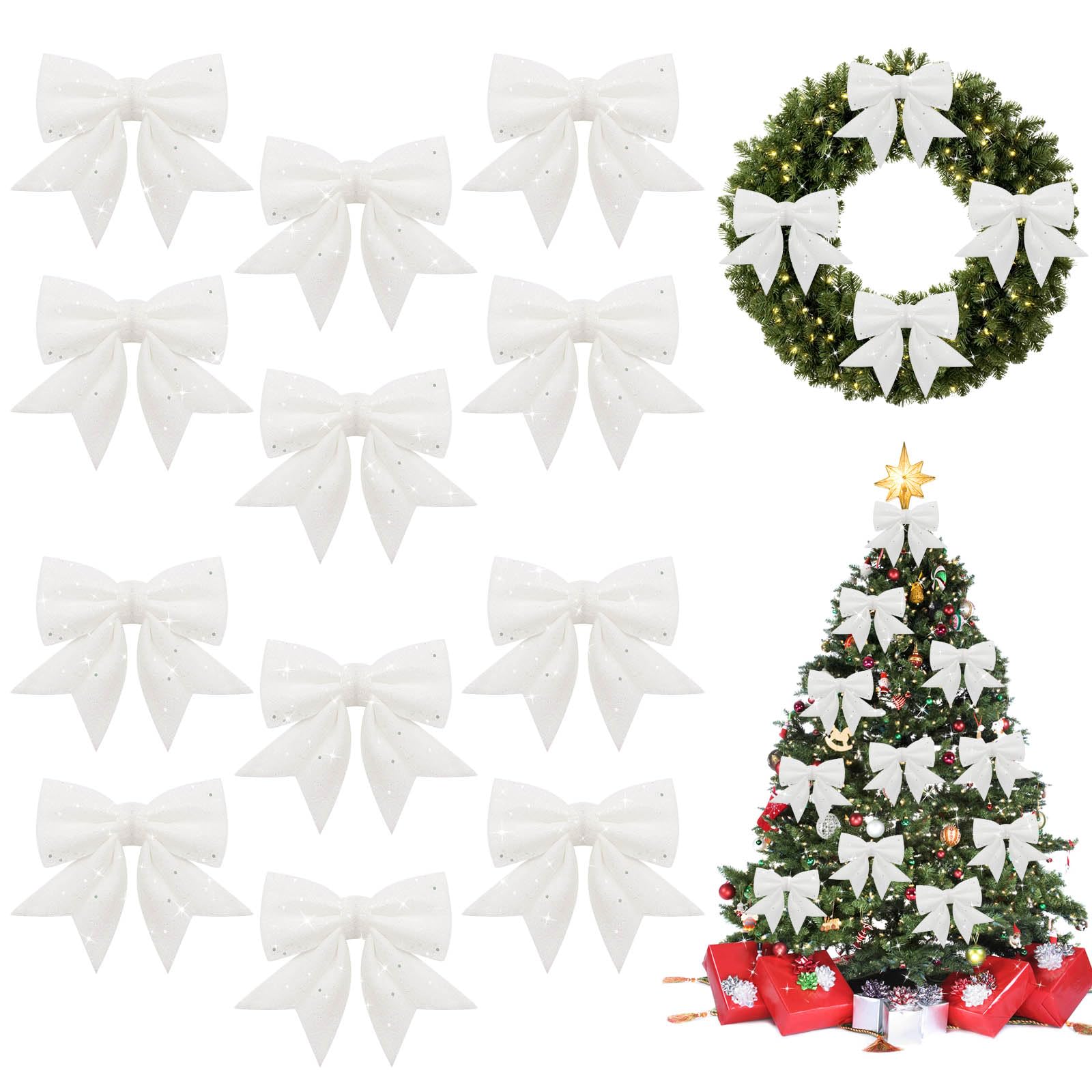 MOTONG 12PCS White Christmas Bows, 5.9 Inch Glitter Small Christmas Bows for Tree Decorations, Sequin Bow Ties Christmas Bowknot Xmas Tree Ornaments for Wreaths Garland, Party, Home,Gift Box Decor