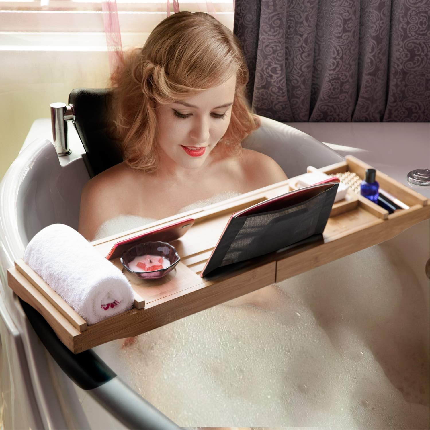 HYNAWIN Bamboo Bathtub Tray Rack for Tub Adjustable Bathroom Bathtub Caddy with Expandable Sides Organizer for Tub-Holder for Wine Glass,Reading Rack, Tablet Holder, Cellphone: Home & Kitchen