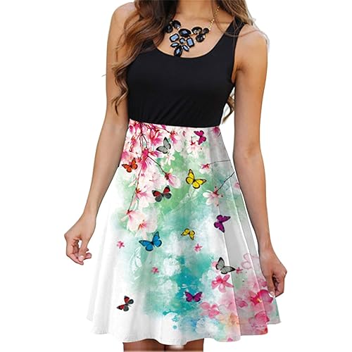 Women's Vintage Scoop Neck Midi Dress Sleeveless Summer Casual Elegant Sundress Floral Printed A-Line Dress