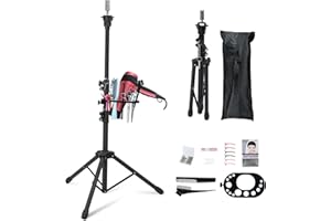 Klvied Wig Stand Tripod Upgraded, Double Locking Adjustable Mannequin Head Stand, Reinforced Metal Wig Head Stand with Tool Tray for Cosmetology Hairdressing Training, Black (53.5 Inches)
