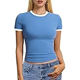 YUCOLEN Women's Short Sleeve Shirts Crew Neck Color Block T Shirt 2025 Summer Crop Tops Slim Fit Basic Tee Tops