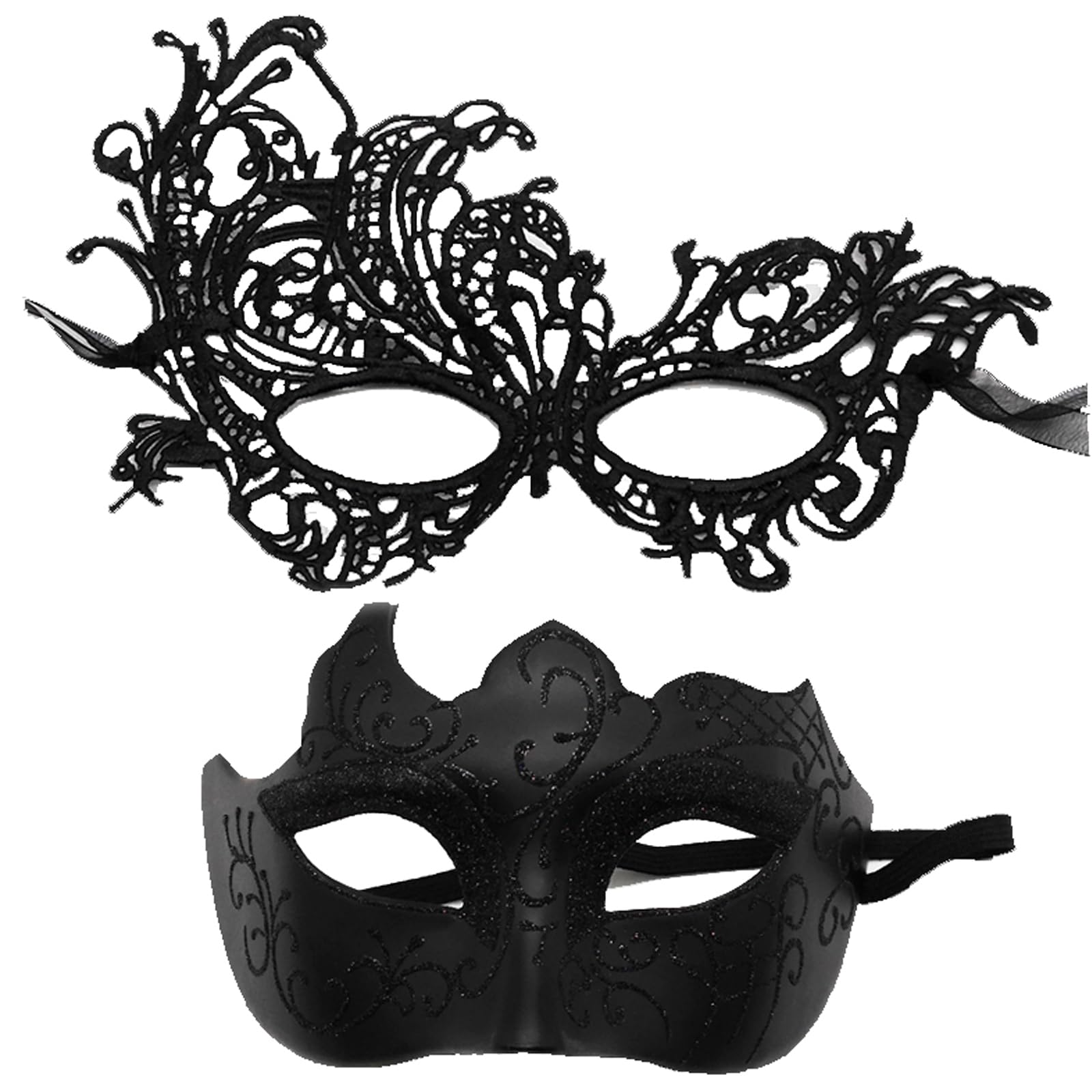 HeHeGe 2 Pcs Masquerade Mask, Lace Half-FaceMasks, Masquerade Masks for Couples,Sexy VenetianCarnival Masks, for Masquerade Venetian Carnival Party Dress Halloween Masks (Black)