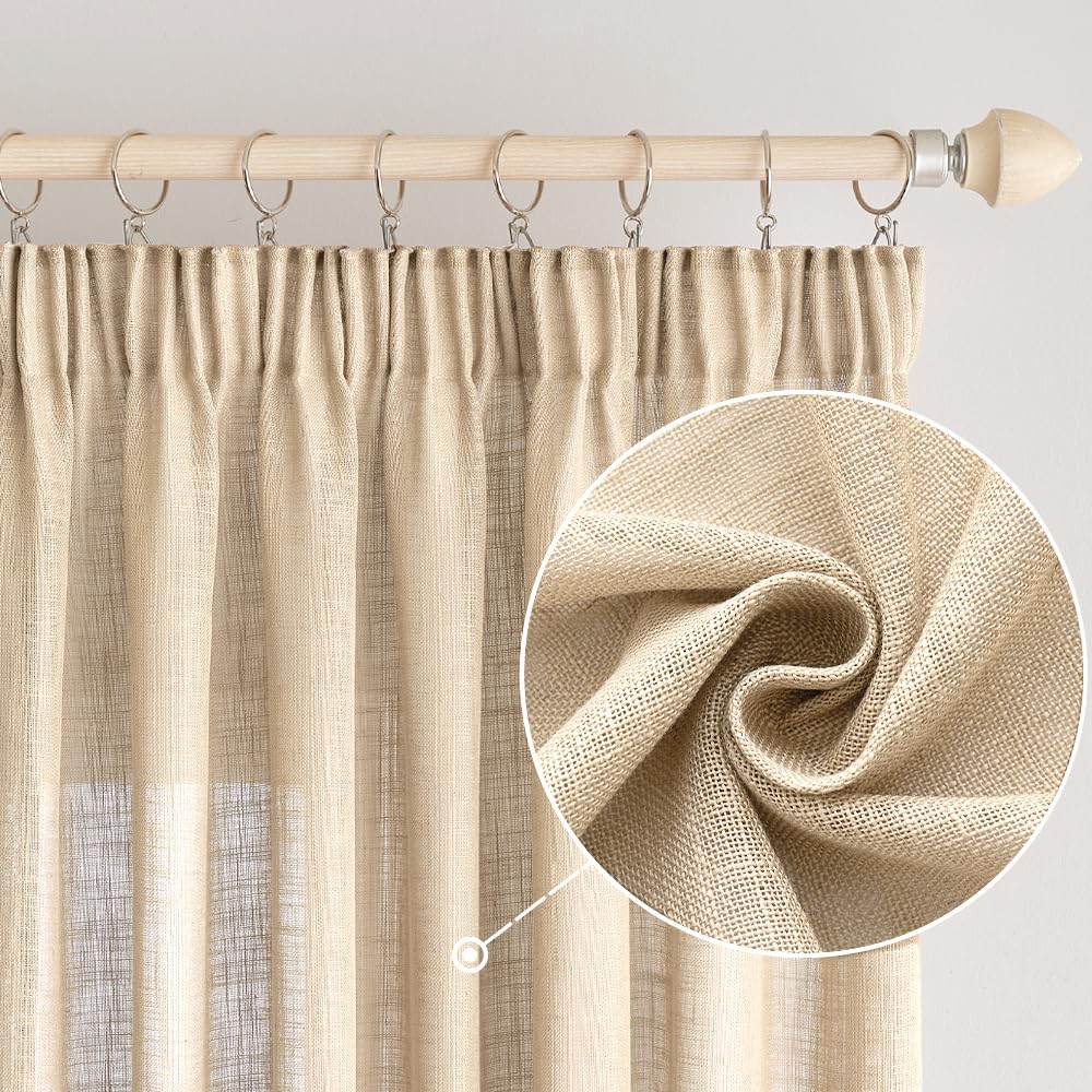 EMEMA Transparent Linen Curtains with Webbing Translucent Curtain for Indoor Modern Sailing Curtains for Balcony Doors Suitable for Living Room Bedroom 2 Panels 140 x 245 cm Beige