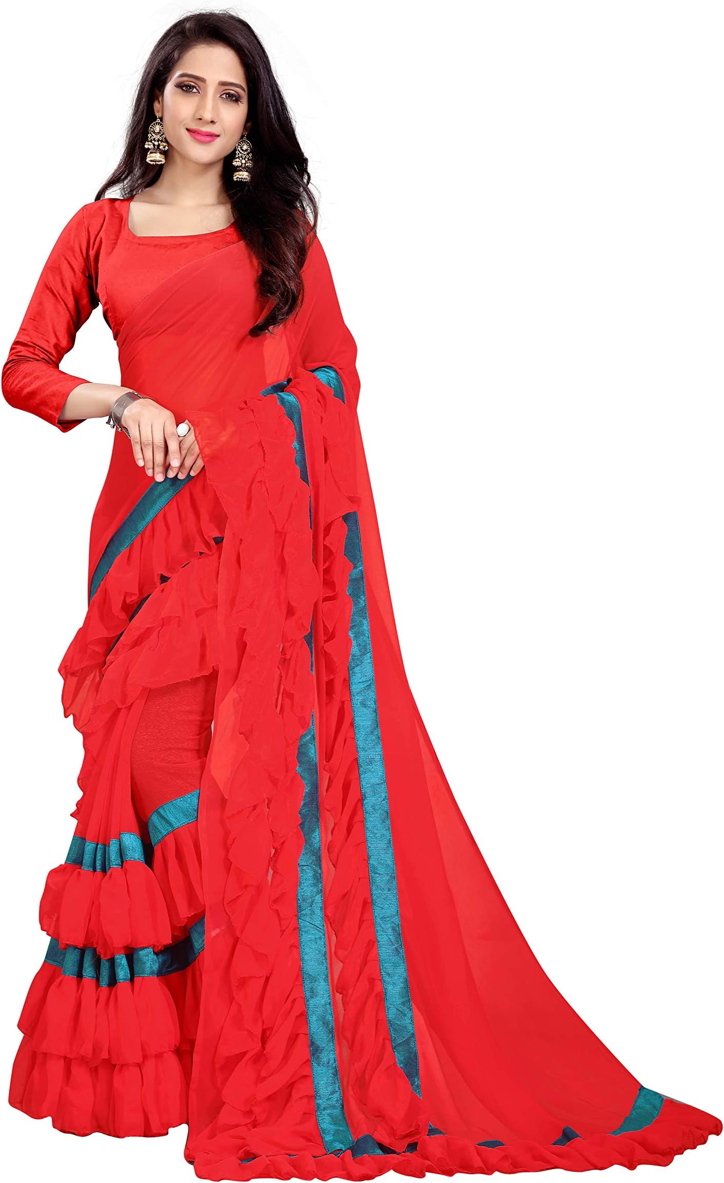 FFASHION Women's Georgette Grey Color Ruffle Saree With Blouse Piece | Ruffle Sarees for women (RUFFLE-NEW)