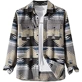 FindThy Men’s Brushed Flannel Shirts Ethnic Aztec Print Button Up Lapel Tribal Shirt Jacket Shacket