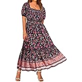 CARCOS Plus Size Dresses for Curvy Women Off Shoulder Square Neck Puff Sleeve Smocked Maxi Summer Dresses with Pocket XL-5XL