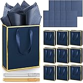 Yeaqee 10 Pack Metallic Paper Gift Bags with Handles Tissue Paper Thank You 5 Senses Gift Bag for Birthday Wedding Baby Shower Groomsmen Bridal Anniversary Favor 9 x 7 x 3.15''(Navy Blue, Gold)