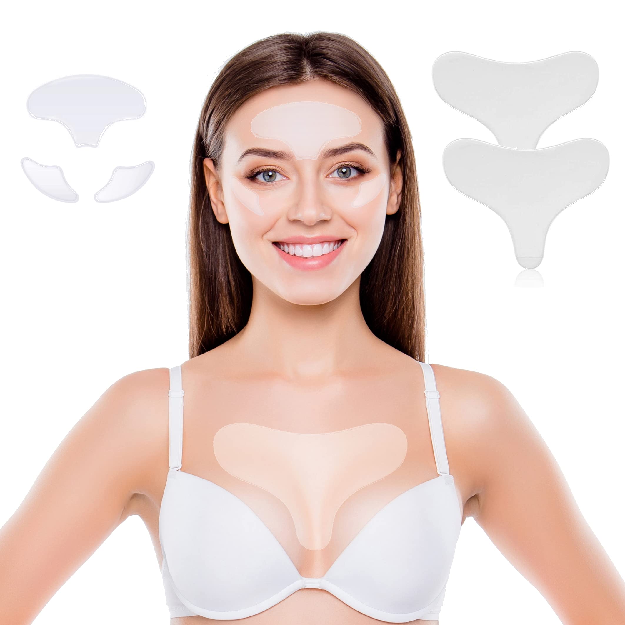 2 x Dekollete Anti-Wrinkle Pads Made of Medical Silicone Anti-Wrinkle Plasters Against Chest Wrinkles Decolleté Pads Anti-Wrinkle Reusable Decollete Anti-Wrinkle Pads + Eyes and Forehead Wrinkle Pad