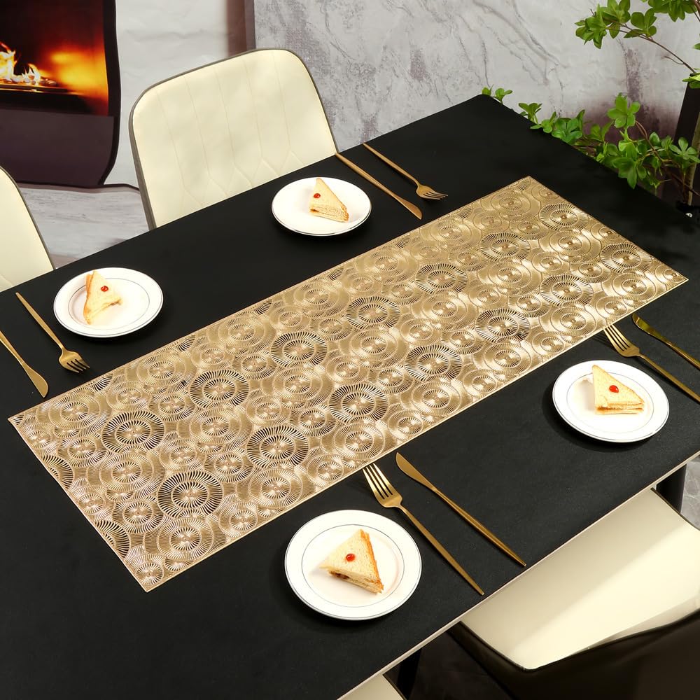 Hosoncovy Hollow Table Runner Non-slip Decorative PVC Table Mats Placemat Protective Heat Resistant Mats for Home Party Kitchen Dining Wedding Decor (92CM X 33CM) (Gold)