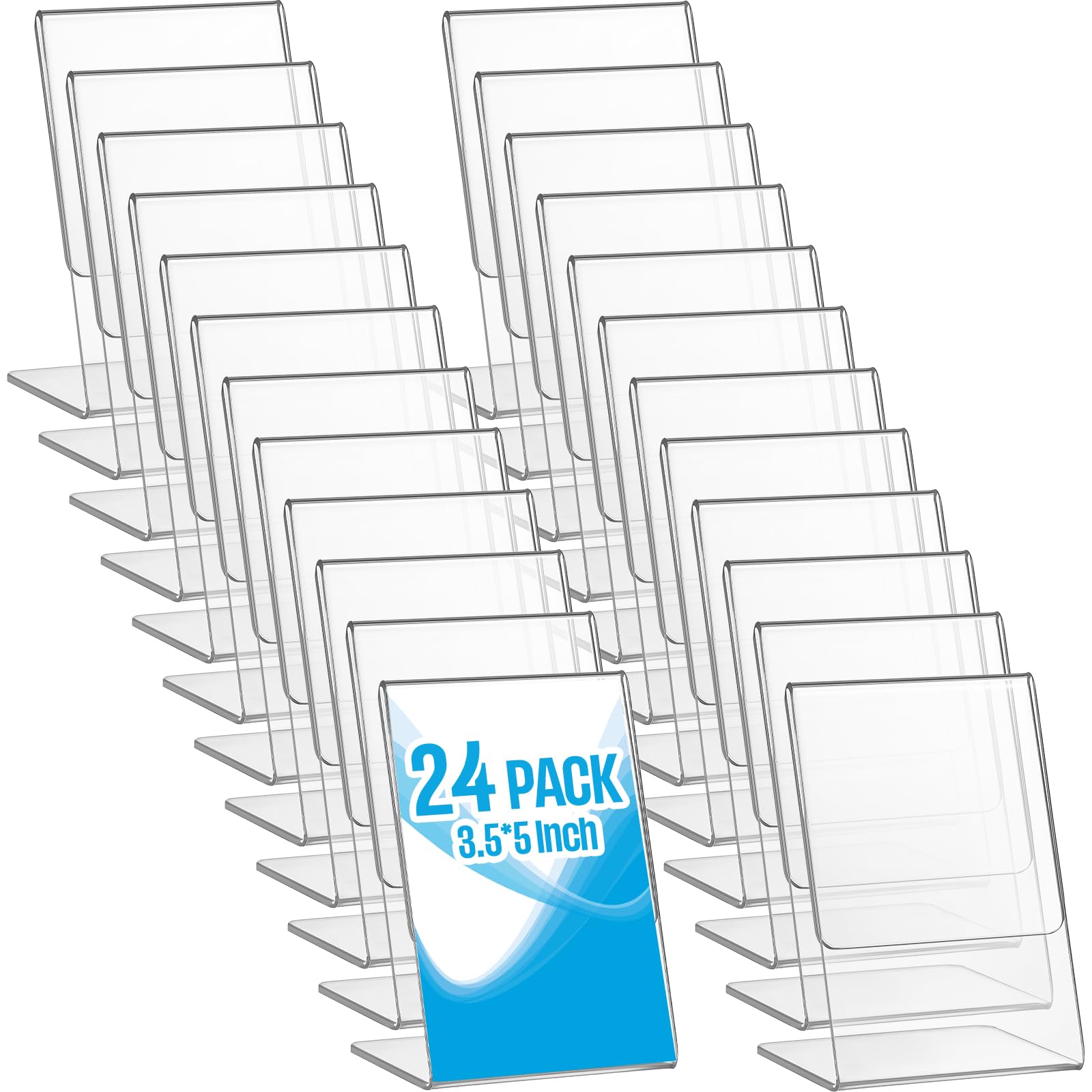 Photo 1 of Thyle 24 Pieces Acrylic Sign Holder L Shape Clear Sign Stand 3.5 x 5 Inch Plastic Picture Frames Holder Slant Back Countertop Display Suitable for Home Restaurant Wedding Office Table Photos Menu