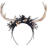 MOSTORY Handmade Antler Flower Headband - Deer Horn Hairband with Butterfly Gold Reindeer Headpiece for Women s Renaissance Halloween Cosplay Witch Photo Props