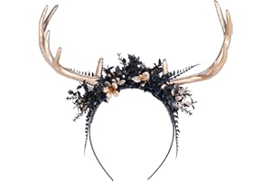 MOSTORY Handmade Antler Flower Headband - Deer Horn Hairband with Butterfly Gold Reindeer Headpiece for Women Girls Renaissance Halloween Cosplay Witch Photo Props