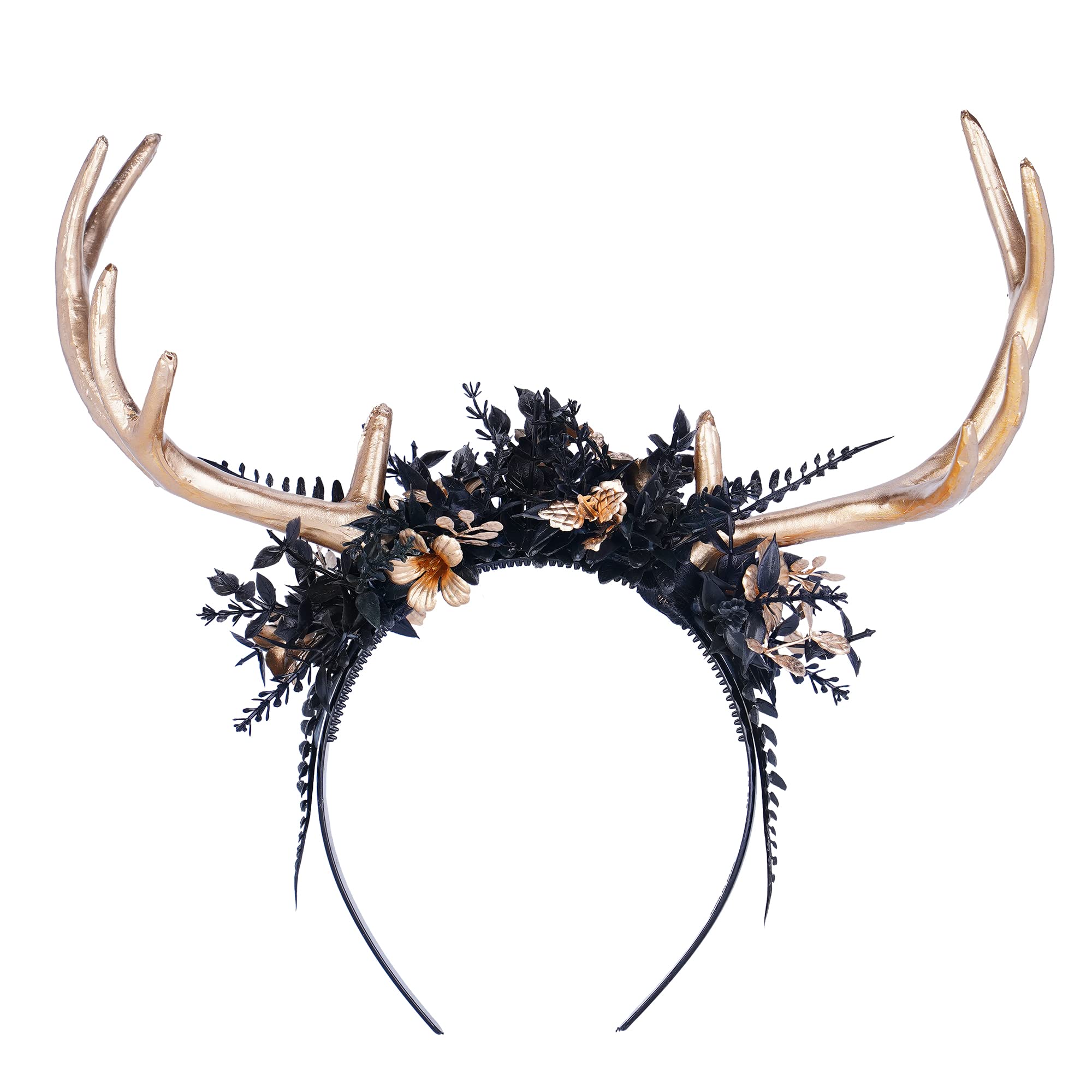 Photo 1 of MOSTORY Handmade Antler Flower Headband - Deer Horn Hairband with Butterfly Gold Reindeer Headpiece for Women Girls Renaissance Halloween Cosplay Witch Photo Props