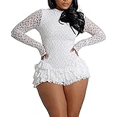 Molilove Women’s Lace Jumpsuit Sexy Long Sleeve Backless Shorts Romper Ruffle Bodycon One Piece Sets Going Out Clubwear