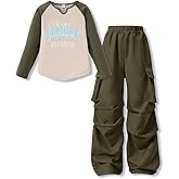 Voxikodex Sizes 5-12 Years Girls 2 Piece Outfit Fashion T-Shirt Top + Cargo Pants Girls Fall Clothing Set