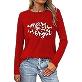 Grezea Christmas Shirts for Women:Merry and Bright T Shirt Long Sleeve Xmas Gift Shirts Christmas Vacation Tees