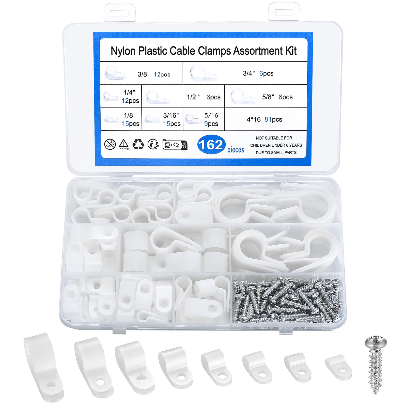 162 Pcs R-Type Nylon White P Clips, Plastic Cable Clamp Clips Kit, R Shaped Wire Cleats for Electrical Conduit Fixings with Screws