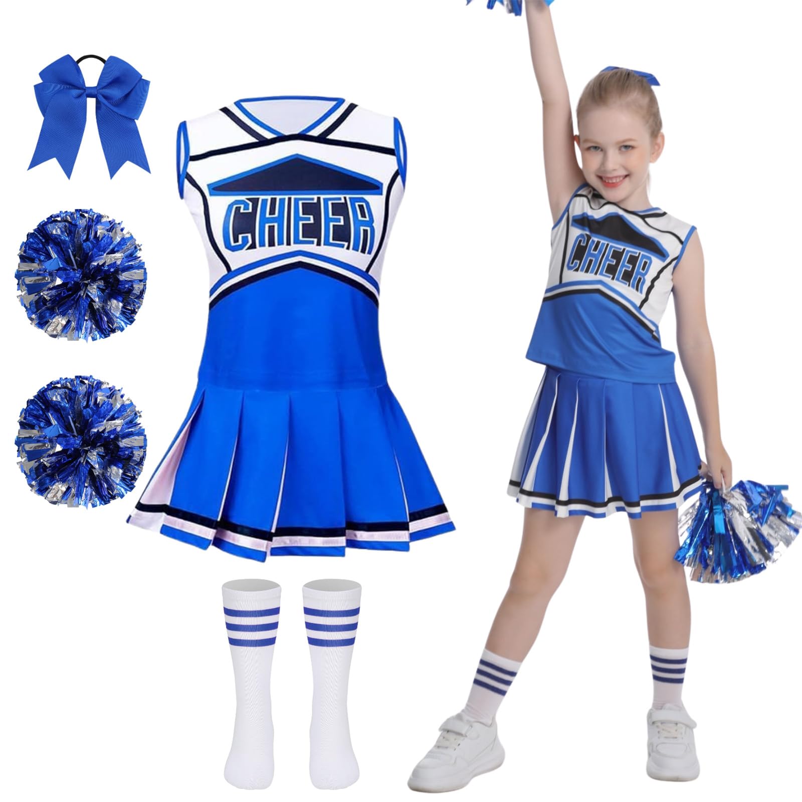 maxToonrain Girls Cheerleader Costume 5 PCS Classic Style Kids Cheerleader Outfit with Pull Ring Pom Poms, Top, Skirt, Socks and Headband for 2026 World Book Day Halloween School Events(Blue, 3-4Y)