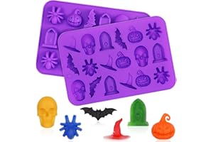 KINYFY 2 Pack Halloween Chocolate Candy Molds, 3D Silicone Skull Spider Pumpkin Bat Witch Hat Gummy Mold, Candy Gummy Molds for DIY Gummies Jello Ice Cube Jelly Chocolate Candy Cakes Decorations (Purple)