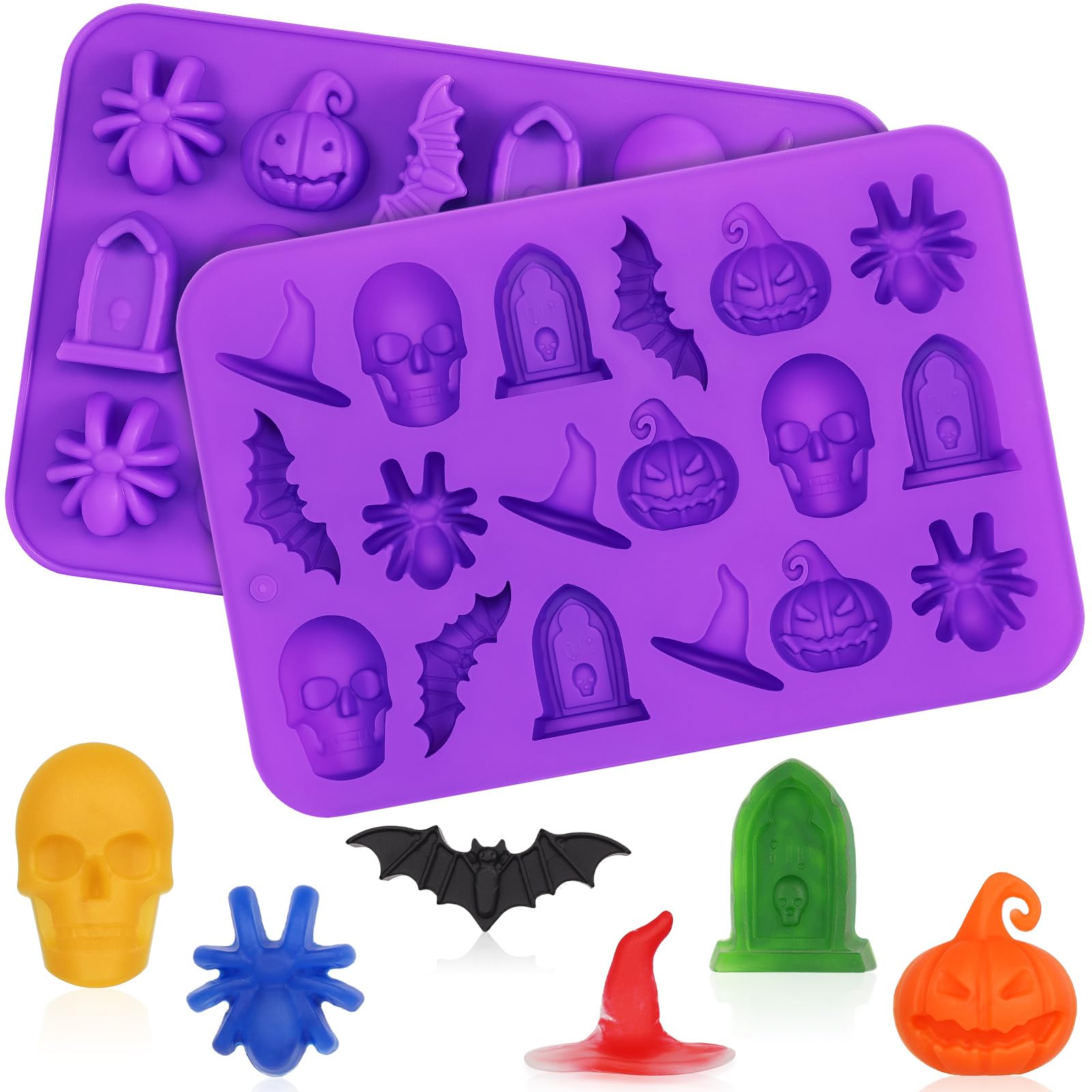 View 1 of 2 Pack Halloween Silicone Molds, Halloween Chocolate Molds, 3D Spider Skull Pumpkin Bat Mold for DIY Gummies Jello Ice Cube Jelly Chocolate Candy Cakes Decorations (Purple)