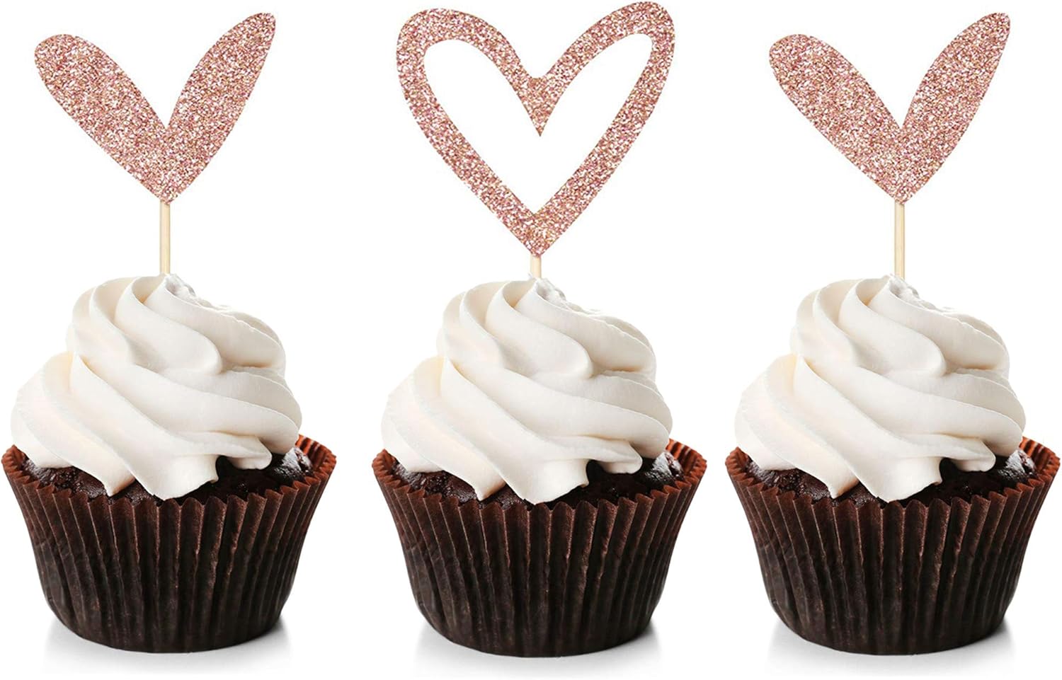 Unimall 24Pcs Rose Gold Glitter Heart Cupcake Toppers Cute Design Love Cupcake Toppers for