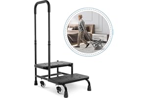 FORTEMOTUS Step Stool with Handle for Elderly with Wheel - Heavy Duty Bed Steps for High Beds for Adults with Adjustable Handle, Portable Foot Stool Ladder for Bedside, Kitchen, Car, RV, Bathtub
