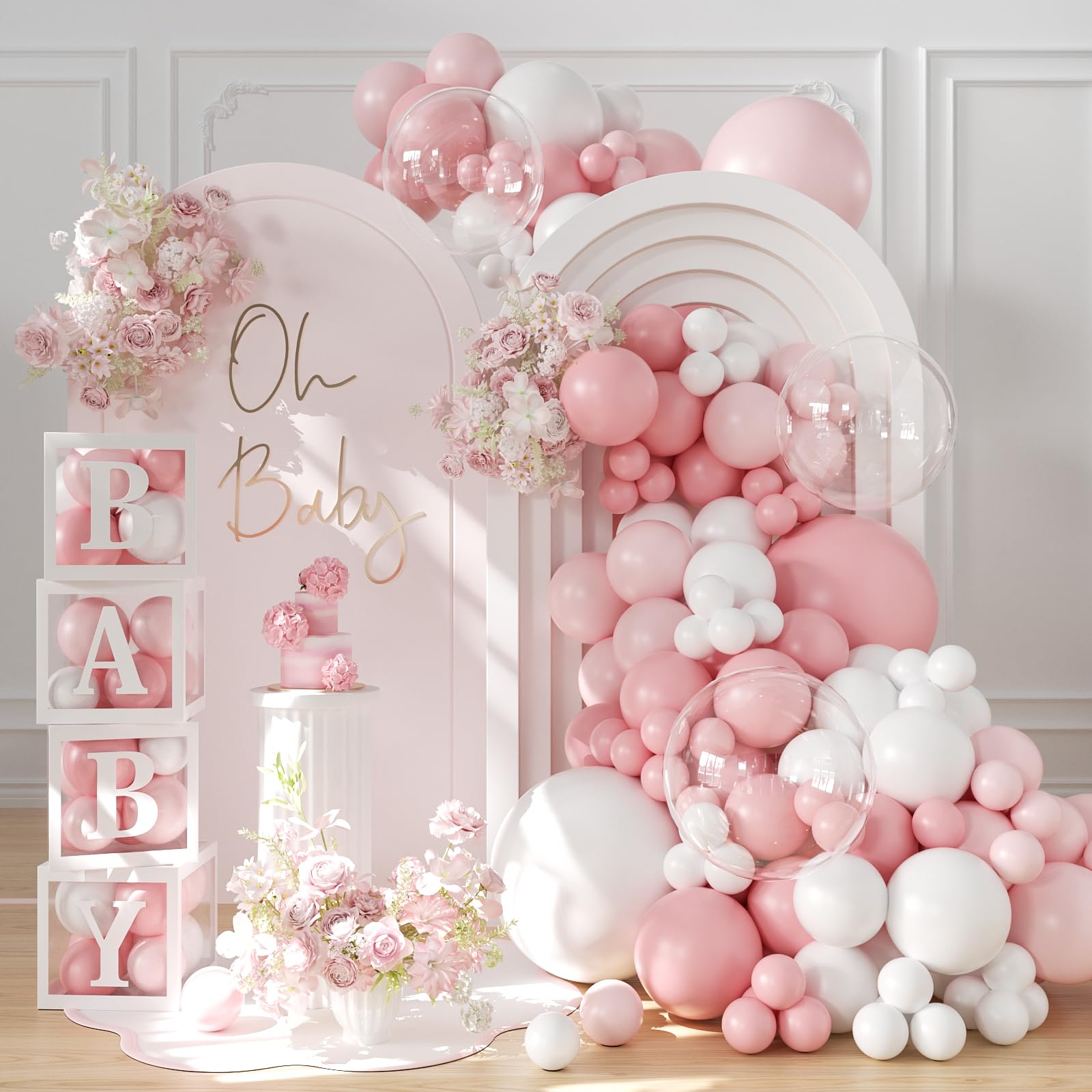 Photo 1 of Pink Balloon Baby Shower Decorations for Girl, 140Pcs Pink and White Balloon Arch Garland Kit Baby Boxes with Letters for Girl Boho Baby Shower Gender Reveal Wedding Birthday Party Decorations